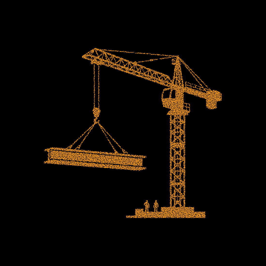 Tower crane lifting steel beam with workers in stippled orange texture for industrial infrastructure and building site projects.