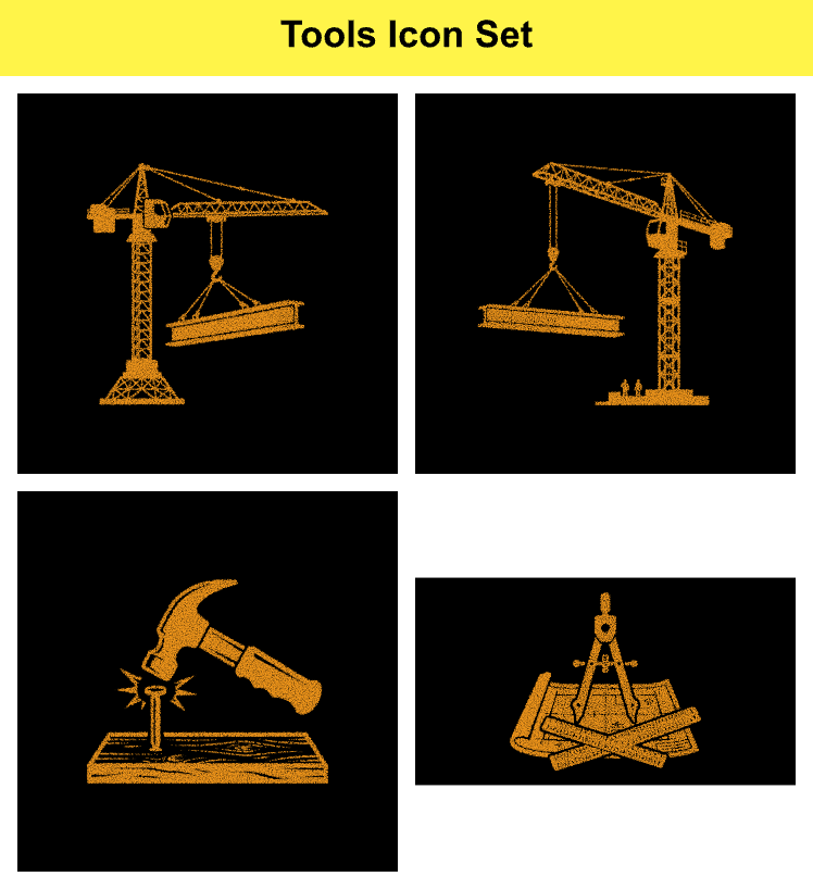 Industrial construction tools icon set featuring tower cranes hammer hitting nail and drafting compass on blueprints.