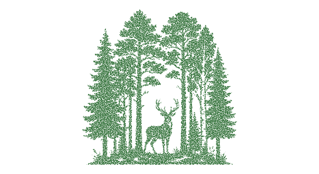 Forest landscape with deer silhouette and evergreen trees in green stippled vector style for wilderness themed designs.