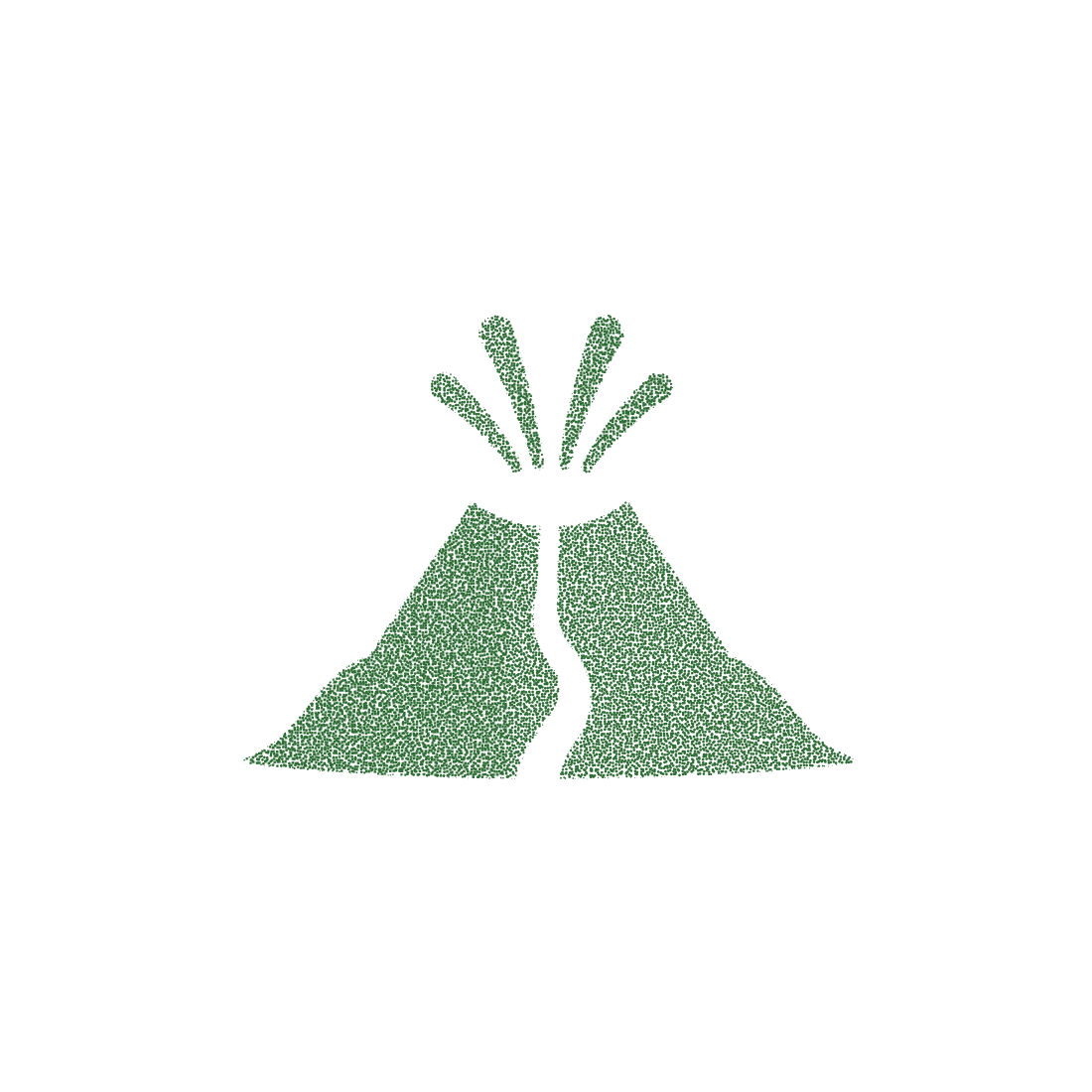 Volcano eruption vector icon with green stippled texture representing geothermal energy and active geological processes.