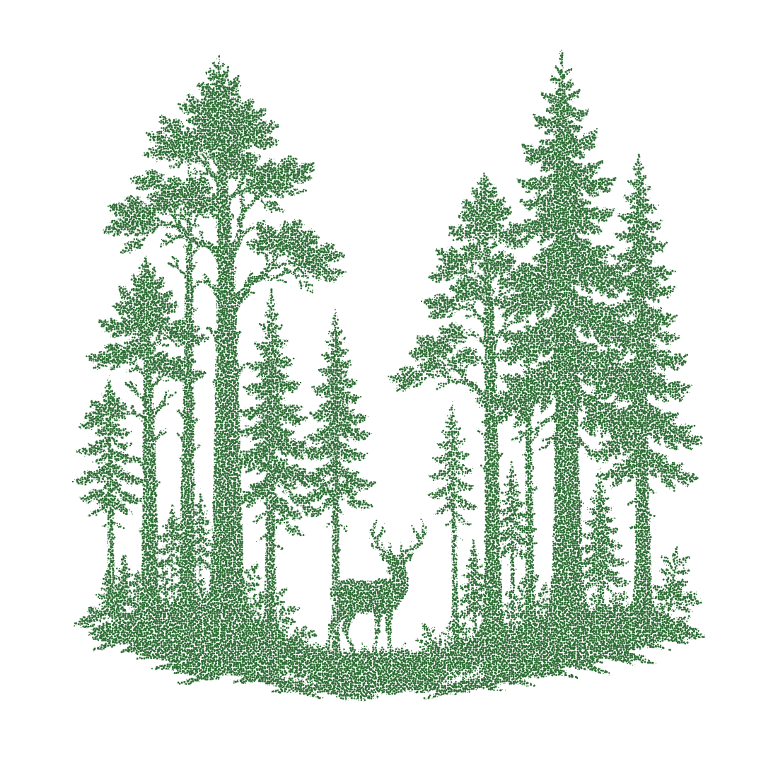 Majestic deer standing in pine forest silhouette composed of small green dots isolated on transparent background for art.