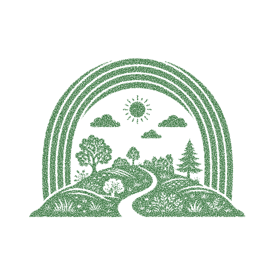 Green rainbow landscape illustration with hills and sun in stippled art style for environmental and eco friendly themes.
