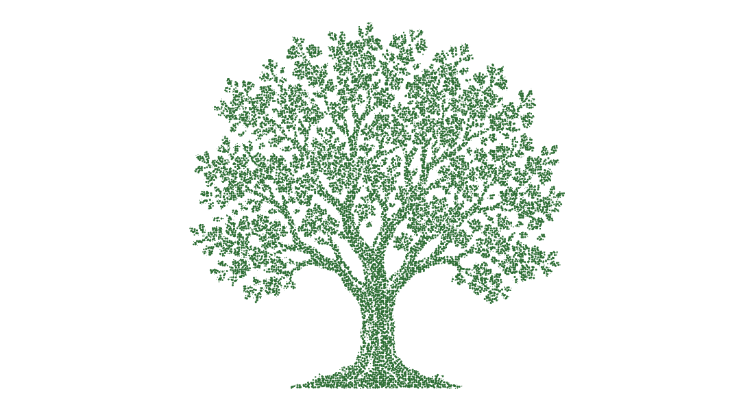 Stippled oak tree silhouette composed of tiny green dots isolated on transparent background for environmental concept art.