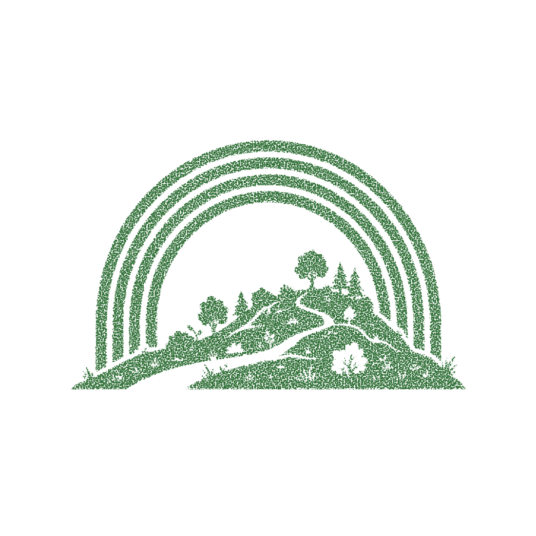 Scenic landscape with rainbow and rolling hills featuring small trees in dotted stipple art style on transparent back.