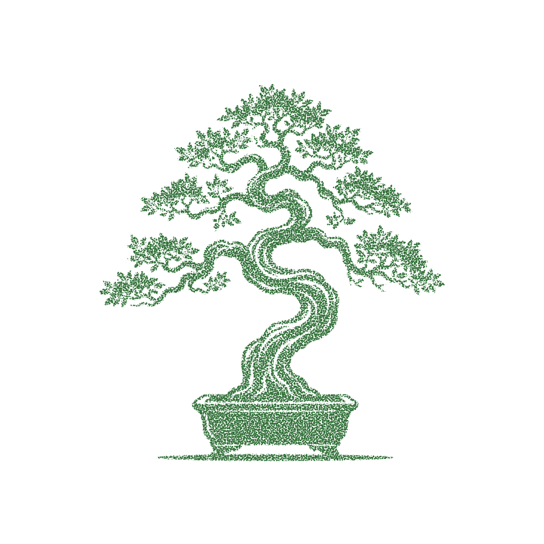 Bonsai tree shaped silhouette illustration made with small green dots isolated on transparent background for nature art.